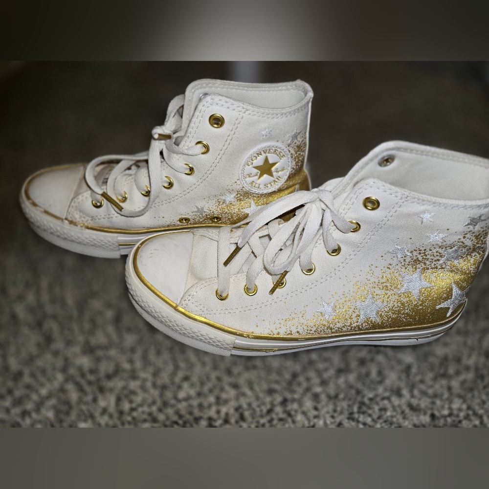 Converse Kids White High-Top Sneakers with Gold Star Accents